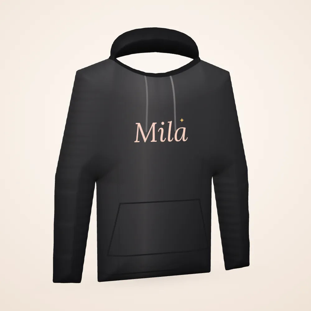 Zwarte hoodie met de naam Mila in roze letters: voorbeeld van een personalisatie (3D-voorbeeldweergave, geen foto)