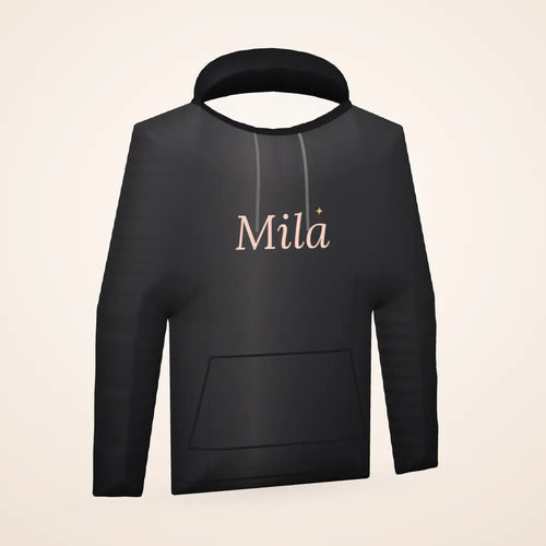 Zwarte hoodie met de naam Mila in roze letters: voorbeeld van een personalisatie (3D-voorbeeldweergave, geen foto)