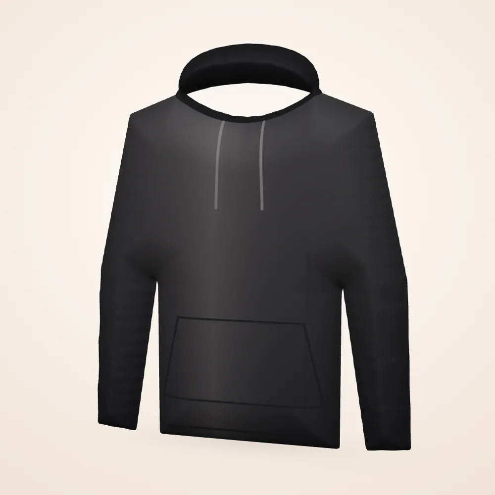 Zwarte hoodie zonder bedrukking: het basisproduct (3D-voorbeeldweergave, geen foto)