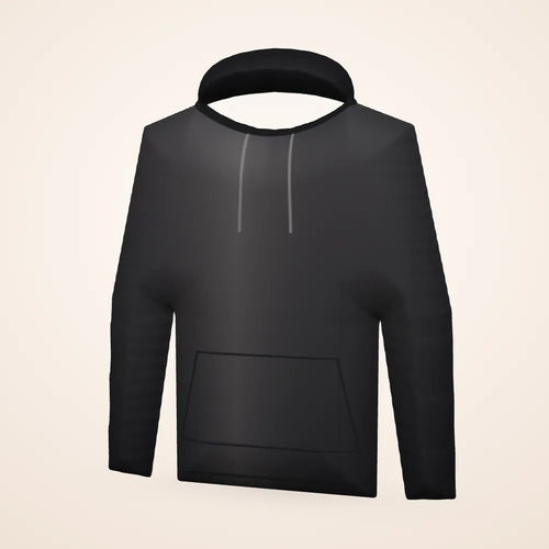 Zwarte hoodie zonder bedrukking: het basisproduct (3D-voorbeeldweergave, geen foto)